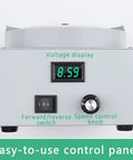 Control panel of Straight Shooter Wet And Dry Bench Grinder with speed control knob and voltage display for precise adjustments.