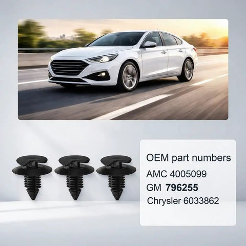 50 Pack Tough As Nails Plastic Auto Trim Door Clips For Vehicle Panels With Secure 9mm Hole Lock Universal Snap Fasteners For Jeeps And Old Beaters Keeping Your Dash Boards Nice And Squat displayed with OEM part numbers and a car image.