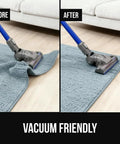 Before and after using Extra Wide Dual Sided Rug Gripper Pads for hardwood; rug stays flat under vacuum on tile floor.
