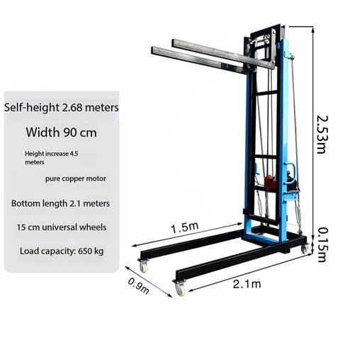 Hella Sturdy Motorized Portable Material Lift For Jobsites Rock Solid Steel Brick Elevator showcasing dimensions and specifications.