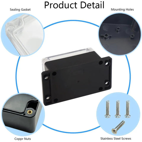 IP65 Waterproof Junction Box Outdoor Enclosure, Clear Cover Project Box Made From ABS PC Plastic, Rugged Weatherproof Electrical Project Case With Fixed Ear Mount, Outdoor Ready 3.94 x 2.68 x 1.97 Inches, 100 x 68 x 50 mm with gasket, mounting holes and screws