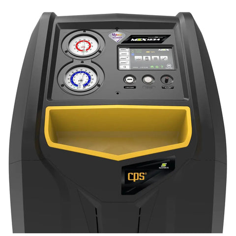 Shop Floor Legend R1234yf Auto AC Refrigerant Recovery Recycle Recharge System With Wireless Sync Seven Inch HD Touchscreen Oilless Pump Made In Usa close-up view of pressure gauges and touchscreen panel.