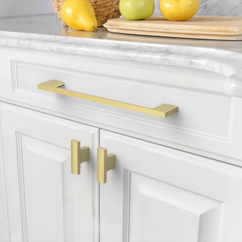 10 Pack Brushed Gold Cabinet Pulls And Drawer Handles With 7.5 Inch Size And 192 mm Hole Centers Crafted From Heavy Duty Zinc mounted on white cabinet.