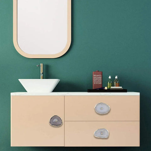 Natural Agate Slice Cabinet Knobs For Drawers And Cupboard Doors Solid Rough Edge Stone Drawer Pulls With Zero Hassle Mounting Total Home Glow Up Kit Pack Of Four displayed on modern bathroom vanity