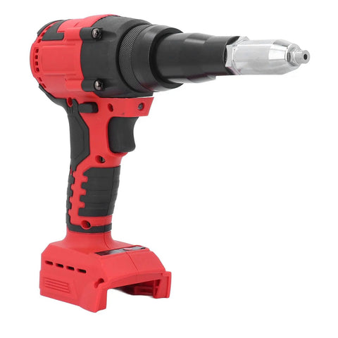 Heavy Duty Cordless Rivet Gun Kit With 18V Battery And Built In Led Lamp Auto Catch And Spit Mechanism Smooth Moving Electric Pop Riveter Tool Full Rivet Case For Garage Tasks Or Weekend Dude Projects close-up view of electric riveter with large grip and battery compartment.