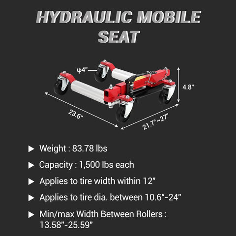 Heavy Duty Wheel Dolly Jack Set with Hydraulic Tire Lift and Aluminum Twin Rollers Foot Pump Action for Rock Solid Garage Shifts Tough as Nails 1500 Pound Capacity shown from top with measurements.