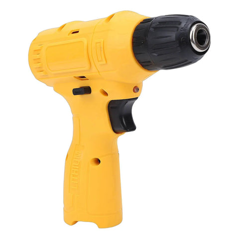 Heavy Duty Cordless Electric Drill Kit With Ergonomic Soft Touch Grip And Rapid Bit Exchange side view in yellow with textured grip.