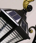 Slick Solar Led Wall Sconce With Remote And Three Color Dimming For Indoor Outdoor Lighting featuring striped glass and solar panel.
