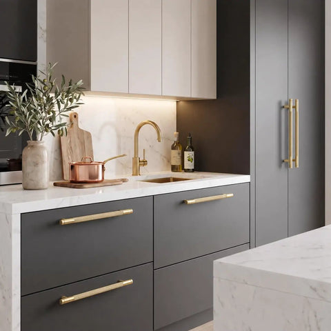 Sophisticated kitchen featuring Top Shelf Knurled Cabinet Pulls 10 Pack In Vintage Gold with six inch centers on modern cabinetry.
