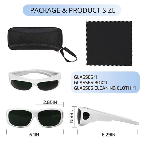 Tough IPL Laser Safety Glasses Lock In Eye Protection With Ansi Z87 Stamp And Broad 200 To 2000Nm Filter For Hair Removal And Med Spas in white frames with cleaning cloth and case.