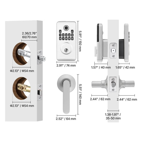 Secure Your Front Door With This Slick Silver Touch Fingerprint Deadbolt Keyless Entry Lock Featuring Foolproof Auto Lock Timing And Bright Led Guidance For Zero Fuss Smart Home Security showing dimensions and designs.