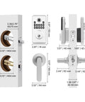 Silver Fingerprint Deadbolt Keyless Entry Door Lock dimensions and features, showcasing installation guide and measurements.