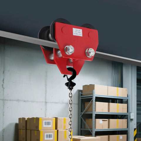 Rock Solid Three Ton Beam Trolley With Smooth Glide Track Rollers, red metal hoist cart hanging from track with chain.