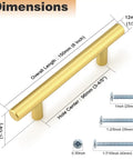 Top Tier Stainless Steel T Bar Cabinet Pulls In A Knockout Gold Finish, 3 3/4 Inch Center To Center sizing with dimensions listed.