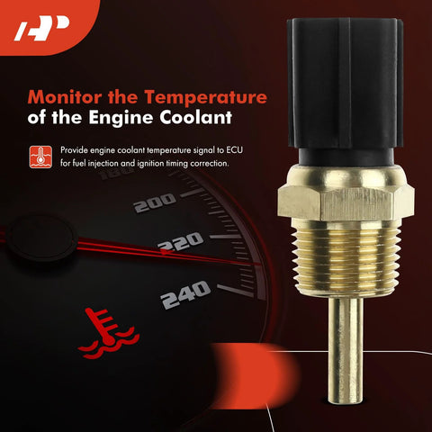 A-Premium engine coolant temperature sensor, front view; brass threaded body with black plastic connector.