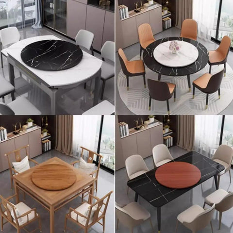Large Wooden Lazy Susan Plus Heavy Duty Teak Serving Tray With 360 Smooth Glide Kitchen Turntable Featuring Rounded Edges displayed on dining tables.
