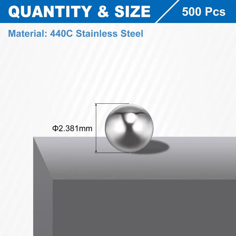 Wicked Smooth 3/32 Inch 440C Stainless Steel Bearing Balls, 2.381mm G10 Precision Grade, 500 Pack shown on surface.