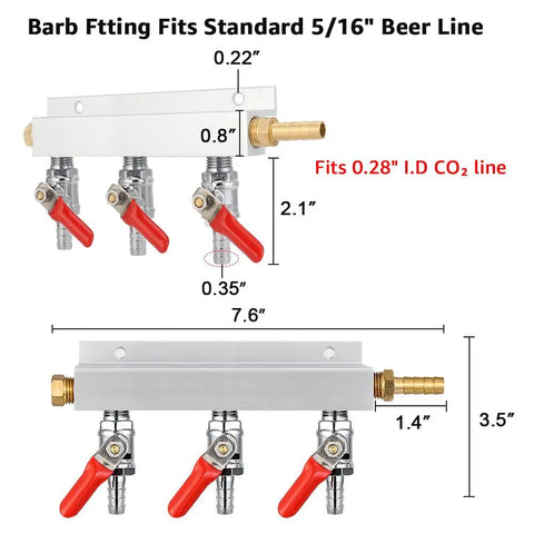 Heavy Duty Co2 Gas Manifold Splitter With 5/16 Inch Barb Fittings, aluminum body with three valves for beer line setup.