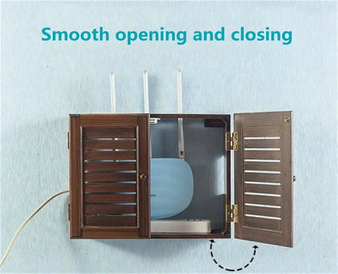 Wall Mounted Cable Organizer Box With Wooden Frame For Routers, Power Strips, And Set Top Boxes open to display contents