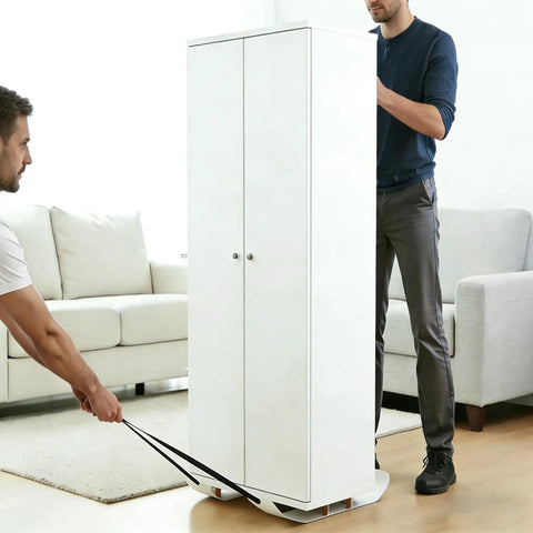 Heavy Duty Refrigerator Sliders For Appliance Moving With 660 Lb Capacity and Non Slip Rubber Bottom Glides used for moving a white cabinet.