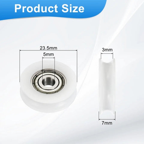 Top Shelf Nylon U Type Groove Bearings Features Twelve White Rollers Designed For Flat Out Smooth Gliding Motion On Heavy Duty Retractable Slides And Jigs, showing size dimensions.
