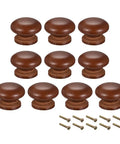 Heavy Duty Round Wood Cabinet Knobs 10 Pack With Matching M4 Screws Matte Brown Drawer Pulls For Modern Kitchen Cupboards, ten knobs and screws.