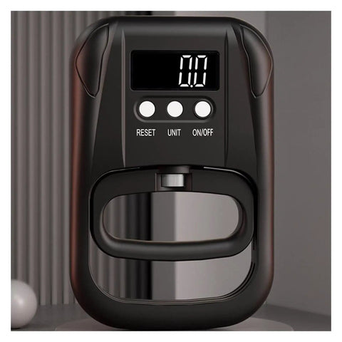 Close-up of Top Tier Digital Grip Force Gauge Tester Pushes And Pulses Up To 265 Pounds USB Powered Hand Dynamometer.
