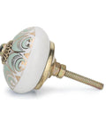 Side view of a decorative colorful ceramic drawer knob, handmade with intricate pattern, part of pack of 10 for cabinets and dressers.