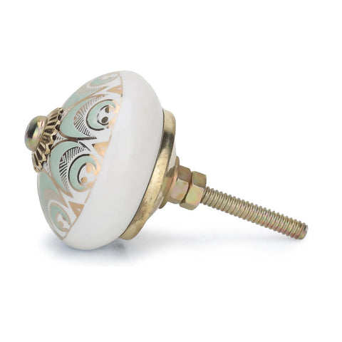 Side view of a decorative colorful ceramic drawer knob, handmade with intricate pattern, part of pack of 10 for cabinets and dressers.