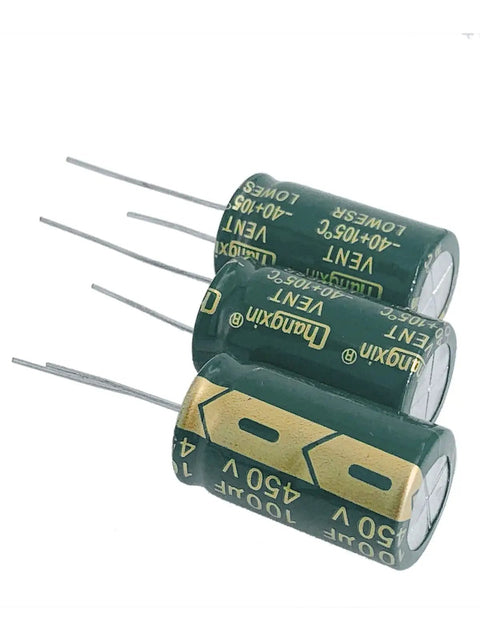 Beast Mode 5 Pack Of 450V 100UF Aluminum Radial Electrolytic Capacitors With Extra Long Leads showcasing three capacitors.