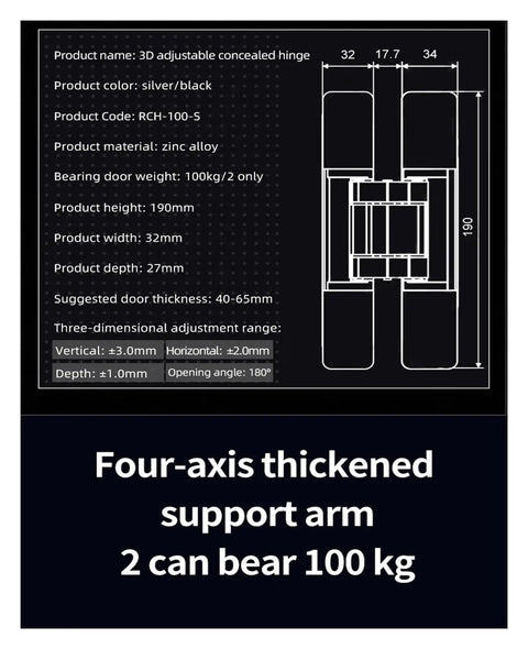 Beefy 100Kg Concealed Door Hinge Adjustable Square Cross Hidden Hinge 180 Degree Swing Quiet Mute Silver Finish Durable Steel Hardware for High Traffic Doors, diagram