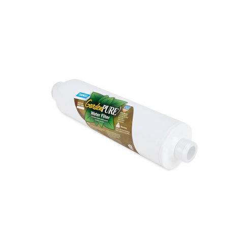 Top Shelf Inline Garden Hose Carbon Water Filter to Kick Chlorine and Chloramine to the Curb for Hydroponic and Aeroponic Systems, compact white filter.