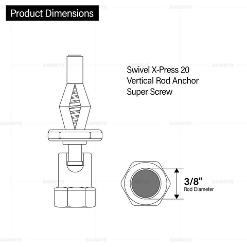 Diagram of Three Eighths Inch Screw Swivel Expandable Thread Rod Anchor showing dimensions and rod diameter.