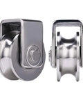 Heavy Duty Roller Wheels, 2 Pack U Groove Track Carriage Wheels in stainless steel, side views showing double bearing hardware.