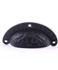 Antique Black Cast Iron Cup Bin Handles With Hella Sturdy Heavy Duty Craftsmanship And Legit Scratch Proof Finish For Vintage Cabinetry Refresh Project Pack Of Four Hardware showcasing front view with decorative detailing.