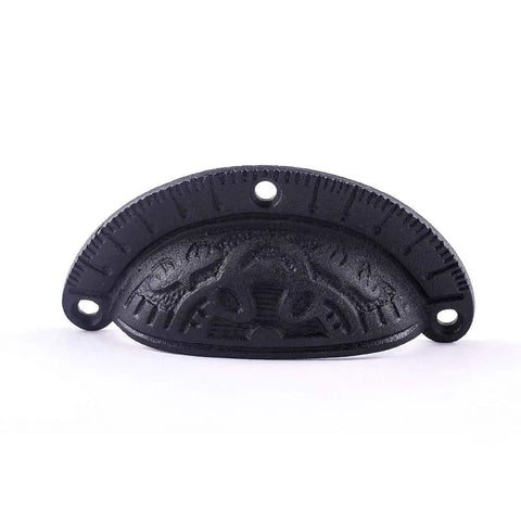Antique Black Cast Iron Cup Bin Handles With Hella Sturdy Heavy Duty Craftsmanship And Legit Scratch Proof Finish For Vintage Cabinetry Refresh Project Pack Of Four Hardware showcasing front view with decorative detailing.