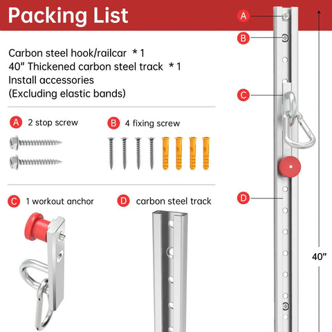 Badass Adjustable Wall Mount Anchor For Resistance Bands Multi Purpose Home Gym Setup Featuring Thirty Five Custom Locking Positions Heavy Duty Fitness Base packing list with carbon steel hook and 40" track.