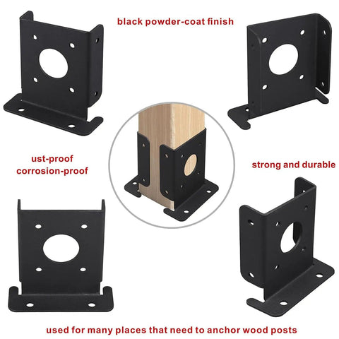8 Pcs Adjustable Wood Fence Pergola Post Base Brackets Kit Fit 4x4 Posts Actual 3.5x3.5 Inches Black Heavy Duty Post Anchor Base Brackets For Deck Railing shown in various angles highlighting features.