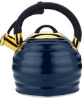 Stovetop Whistling Tea Kettle 3.2 Quart Stainless Steel Teakettle With Heat Proof Ergonomic Handle in blue with gold accents.