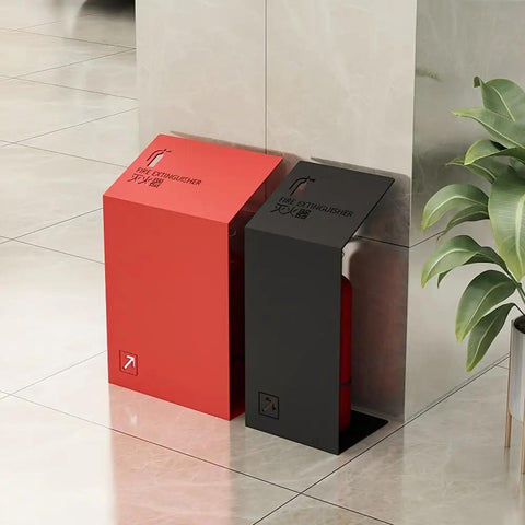 Solid As A Rock Steel Fire Extinguisher Cabinet With Smooth Sloped Front For Offices And Retail Stores Small Red Heavy Duty Safety Box Built To Last placed next to a black cabinet.