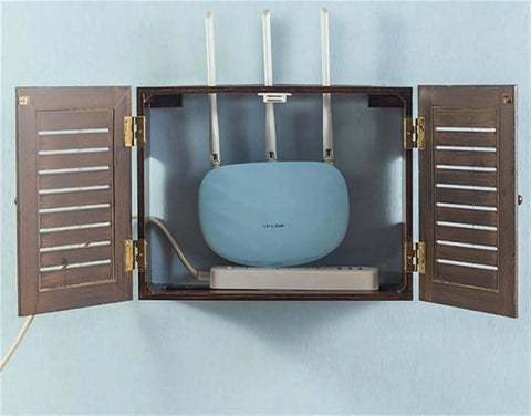 Wall Mounted Cable Organizer Box With Wooden Frame for routers and power strips, open to show contents on wall.