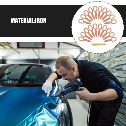 Dent Puller Kit Pro Grade with Iron Shaping Tabs in use on car body, showing repair process and tool application in garage setting.