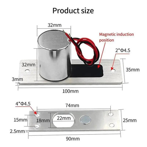 Heavy Duty Electronic Drop Bolt NC Door Lock DC 12V stainless steel solenoid with mounting plate size specifications.