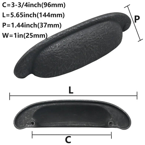 Top Shelf Rustic Cup Pulls 2 Pack Black Iron Vintage Farmhouse Kitchen Cabinet Handles 96mm Hole Center heavy duty design with measurements