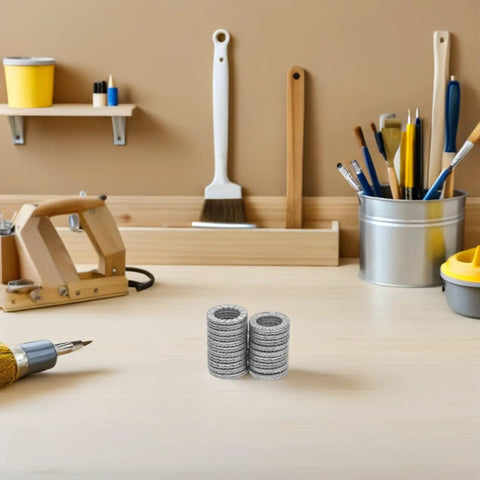 Get Your Garage Ready With These Beefy M10 Manganese Steel Wedge Locking Washers 30 Pairs Set displayed on a worktable.