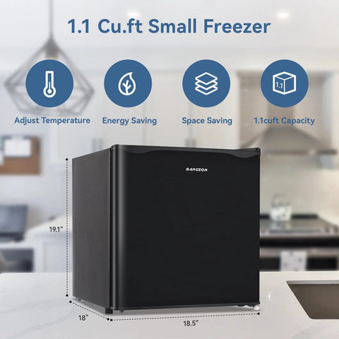 1.1 Cu Ft Upright Mini Freezer In Matte Black For Dorms And Small Bedrooms showing front view with measurements and features.