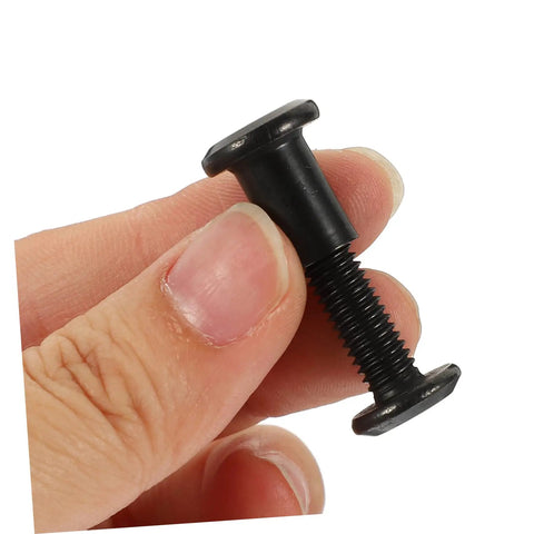 Heavy Duty 10 Pack Countersunk Binding Screws And Barrel Nuts For Furniture Hardware And Photo Album Crafting With Dang Solid Metal Construction And Sweat Free Assembly For Everyday Diy Tasks, close-up view of a black binding screw in hand.