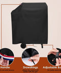 Custom Fit 35 Inch Grill Cover For DNKMOR Barrel Charcoal Grill With Side Table showing handle, drawstrings, adjustable buckle
