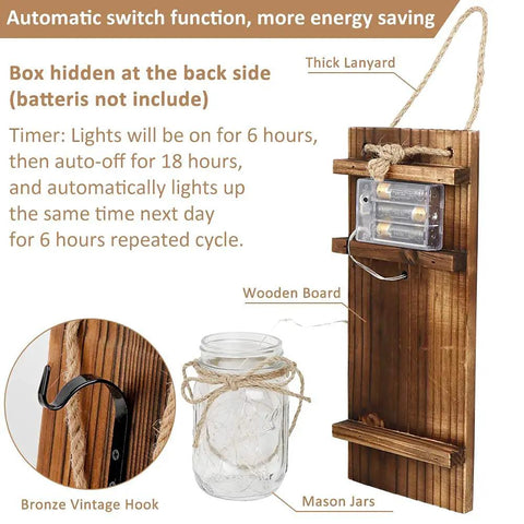 Set Of Two Sunflower Mason Jar Wall Sconces With Remote Control, wooden board with mason jar and LED light, rustic design