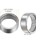 Heavy Duty Full Complement Needle Roller Bearings Drawn Cup Open Design, 1" inner diameter, 1/4" outer diameter, 1/2" width, steel.